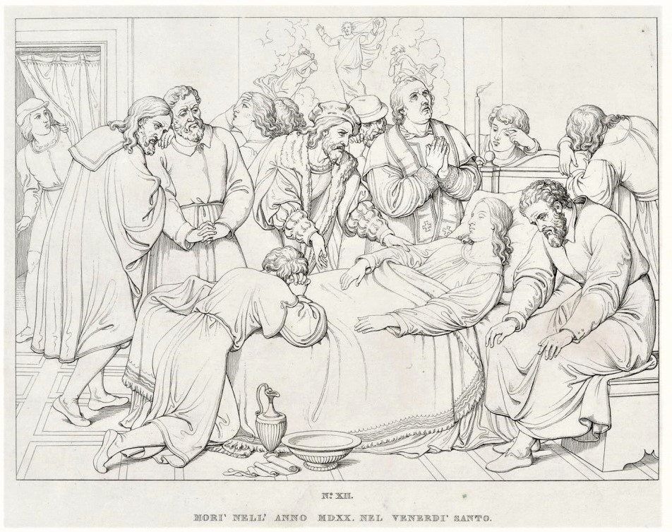 ohannes Riepenhausen, Raffael stirbt am Karfreitag 1520 / 'MORI' NELL' ANNO MDXX. NEL VENERDI' SANTO.', 1833, Radierung, In: 'VITA DI RAFFAELLE DA URBINO [...]', Rom 1833, Tafel 12